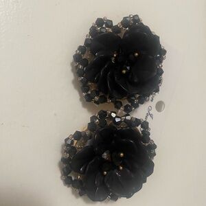 Black Floral Statement Earrings with Gold Accents